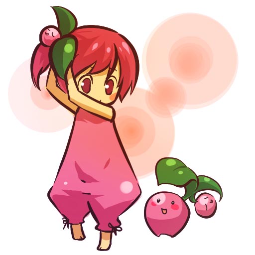 1girl barefoot blush_stickers cherubi child closed_eyes cosplay female hair hitec human moemon open_mouth personification pink_eyes pink_hair pokemon pokemon_(creature) pokemon_(game) pokemon_dppt red_eyes red_hair short_hair side_ponytail simple_background sleeveless smile