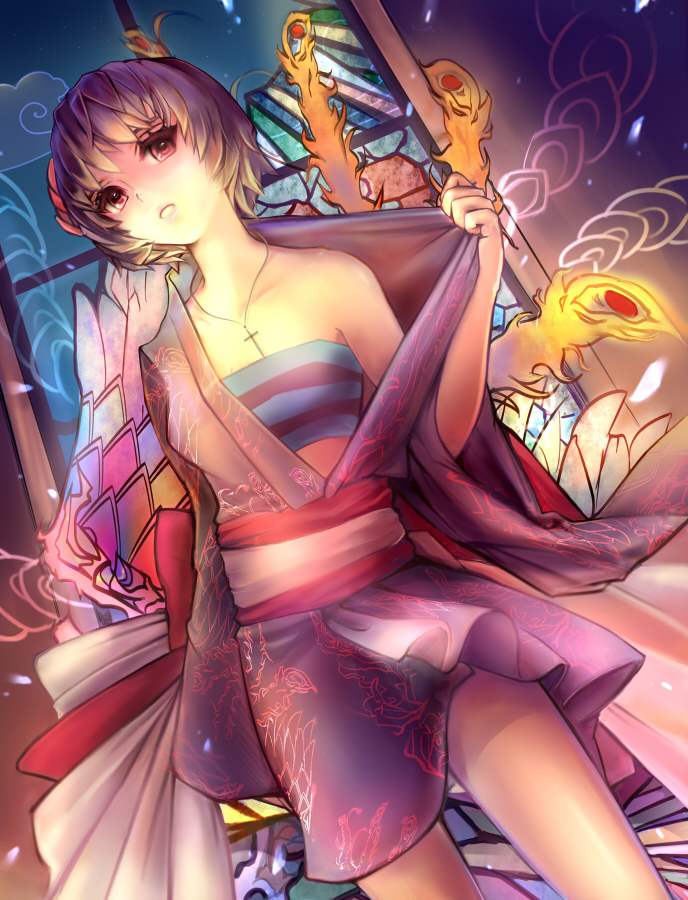 blonde_hair copyright_request cross japanese_clothes jewelry kimono necklace open_clothes open_mouth peacock red_eyes short_hair short_kimono solo y-chan yukata