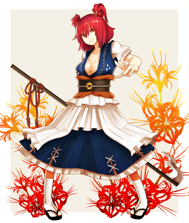 breasts cleavage clog_sandals collarbone floral_background flower hair_bobbles hair_ornament japanese_clothes nosuku onozuka_komachi pose red_eyes red_hair redhead scythe short_hair smile smirk socks solo spider_lily tabi touhou twintails white_legwear