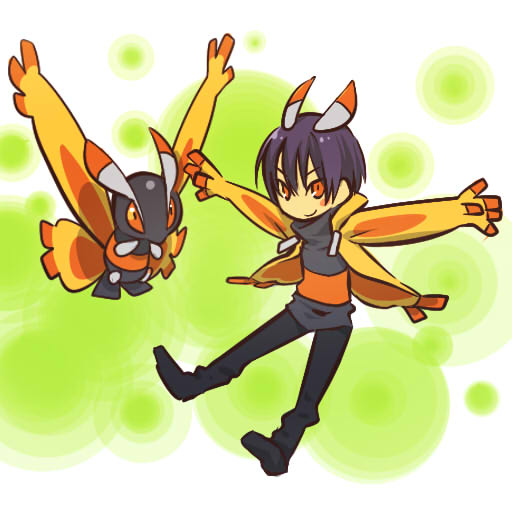 blush_stickers cosplay hair hitec human jacket male moemon mothim orange_eyes personification pokemon pokemon_(creature) pokemon_(game) pokemon_dppt purple_hair short_hair smile