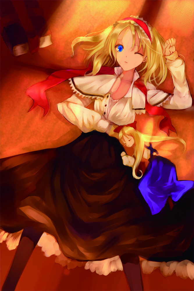 alice_margatroid bad_id blonde_hair blue_eyes book bottomless doll indoors kol49 long_hair long_skirt lying open_clothes pantyhose shanghai_doll short_hair skirt solo sunset touhou twilight unbuttoned wink