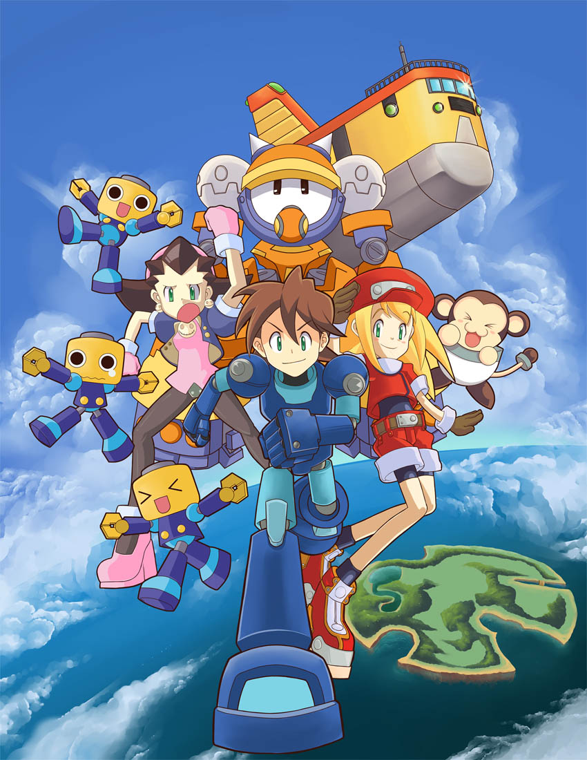 airship armor belt blonde_hair bon_bonne brown_hair capcom cloud crotch_plate data_(rockman_dash) gloves green_eyes hat island kobun monkey multiple_girls ocean pantyhose robot rock_volnutt rockman rockman_dash roll_caskett tron_bonne water zanahoriaman