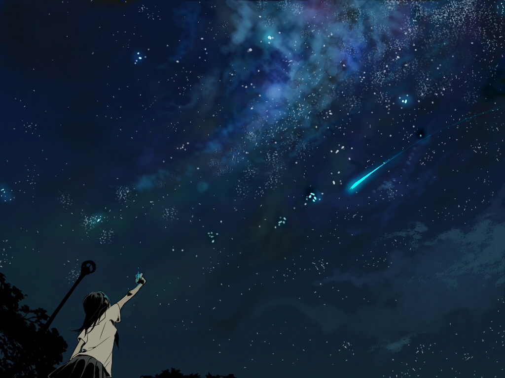 black_hair comet from_behind glint lamp marble night night_sky original outstretched_arm scenery school_uniform sky solo star_(sky) starry_sky tree