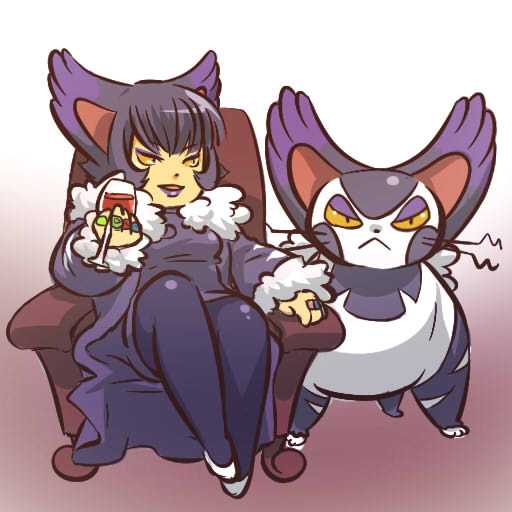1girl :&lt; animal_ears black_hair cat_ears chair coat cosplay cup eyeshadow fat female glass hitec human jewelry lipstick makeup moemon open_mouth pantyhose personification pokemon pokemon_(creature) pokemon_(game) pokemon_dppt purple_eyes purple_hair purugly ring robe sitting what_is_a_man? whiskers wine_glass yellow_eyes