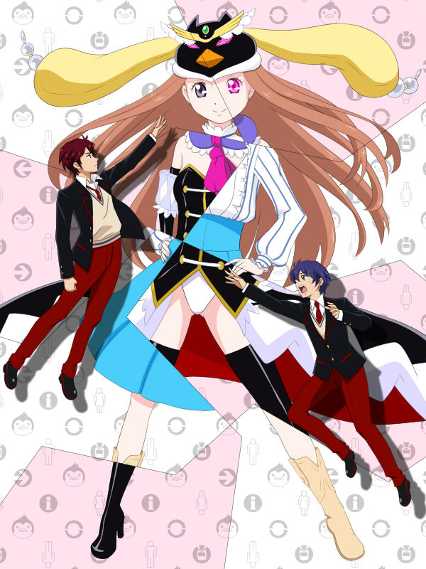 black_legwear blazer blue_hair boots dual_persona elbow_gloves frills gloves grey_eyes hat long_hair long_skirt mawaru_penguindrum necktie open_mouth orange_hair pants pink_eyes princess_of_the_crystal reaching red_hair redhead school_uniform shishamo_(scholacco) siblings skirt smile takakura_himari takakura_kanba takakura_shouma thighhighs