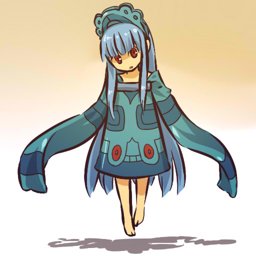 1girl barefoot blue_hair bronzong cosplay female floating hair headdress hitec human long_hair moemon open_mouth personification pokemon pokemon_(game) pokemon_dppt red_eyes shadow sleeves_past_wrists solo very_long_hair