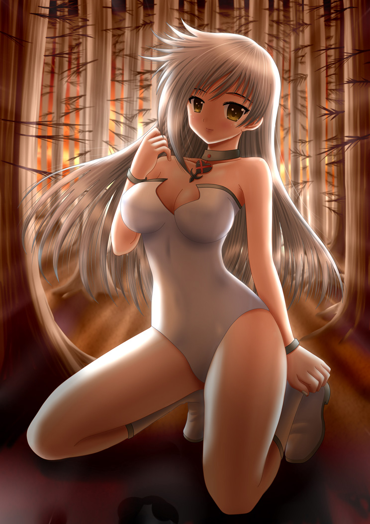 blush boots branches female grey_hair heart ilolamai jewelry long_hair mizugi necklace original silver_hair smile solo sunset swimsuit thigh-highs tree yellow_eyes