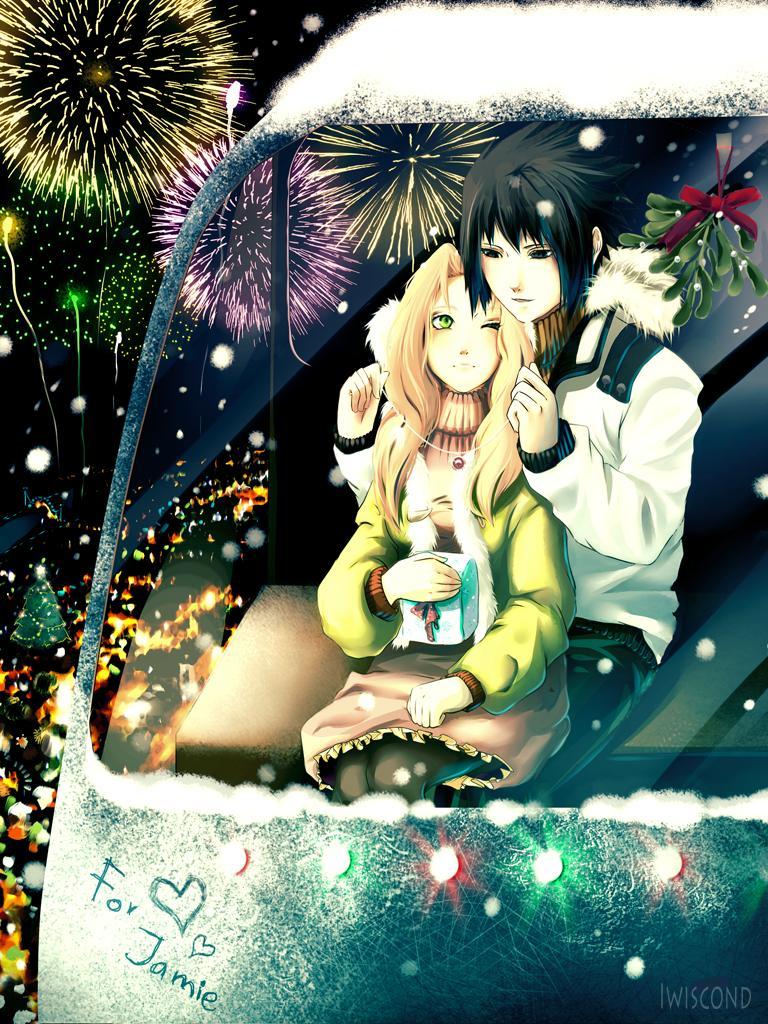 black_eyes black_hair blonde_hair box christmas couple duo earmuffs fireworks flower green_eyes haruno_sakura heart jacket jewelry long_hair naruto necklace night pants pantyhose ribbon short_hair skirt sky smile snow uchiha_sasuke vehicle wink winter