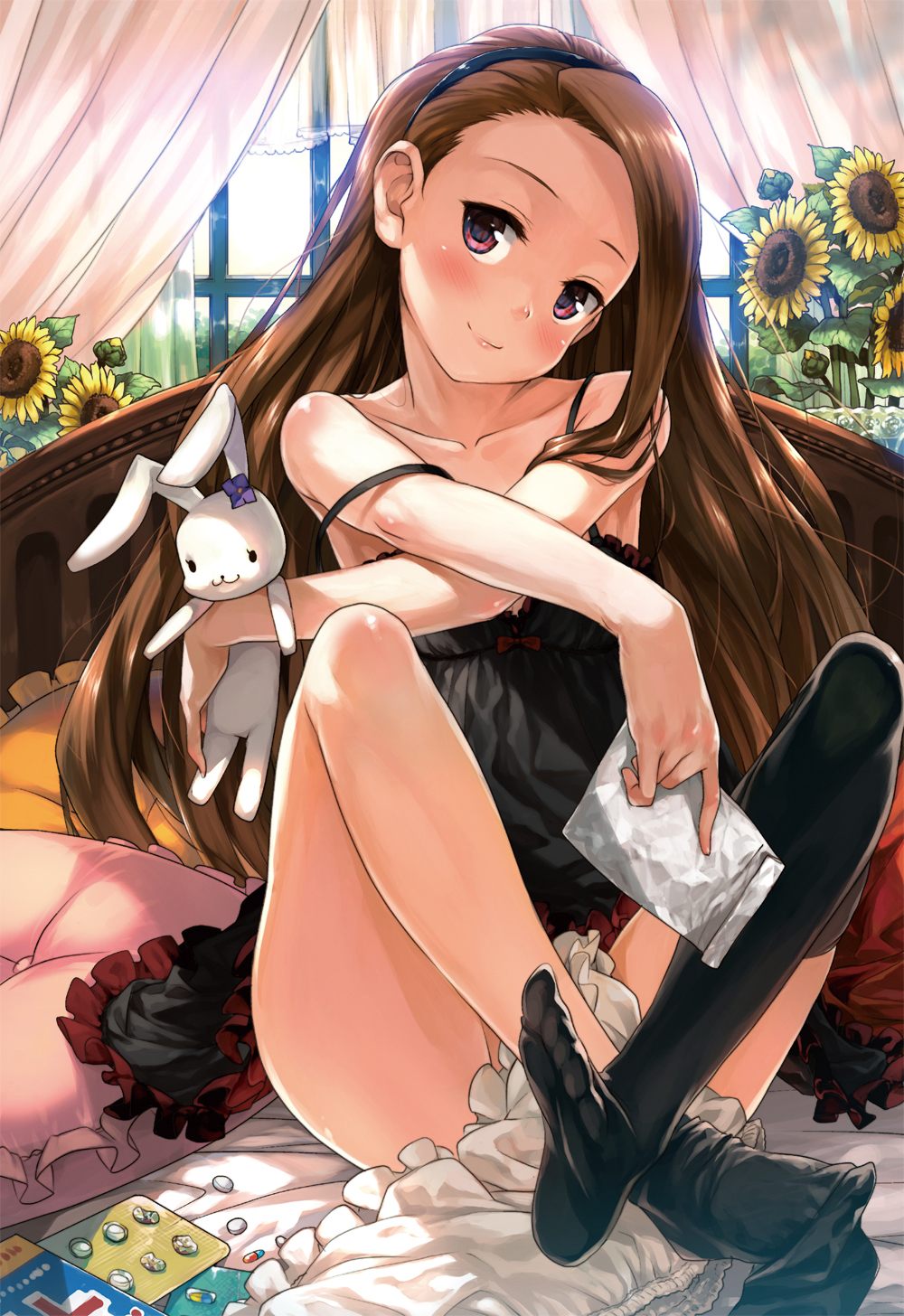 bare_shoulders bed black_legwear bloomers blush bottomless brown_hair chemise clothes_in_front clothes_off clothes_removed collarbone dress drugs face feet flower hairband hands head_tilt highres idolmaster lips long_hair loose_thighhigh minase_iori no_panties pill pills plush_toy red_eyes shirane_taito sitting smile sock_pull solo strap_slip stuffed_animal stuffed_toy sunflower thigh-highs thighhighs x_arms