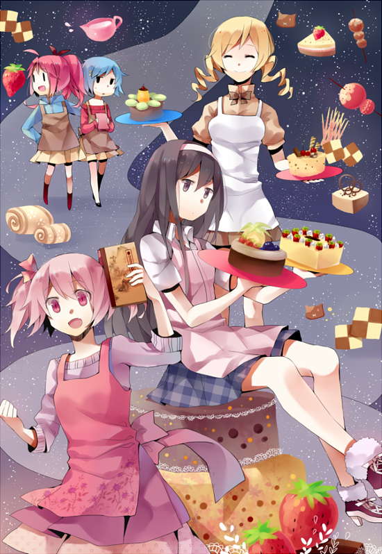 akemi_homura alternate_costume apron bad_id black_hair blonde_hair blue_hair blueberry book boots cake closed_eyes cookie drill_hair eyes_closed food fruit hair_ribbon hairband kaname_madoka long_hair mahou_shoujo_madoka_magica miki_sayaka milky_way multiple_girls pink_eyes pink_hair plaid plaid_skirt pleated_skirt pocky ponytail red_hair redhead ribbon sakura_kyouko short_hair short_twintails sitting skirt smile star_(sky) strawberry tang_elen tomoe_mami twintails