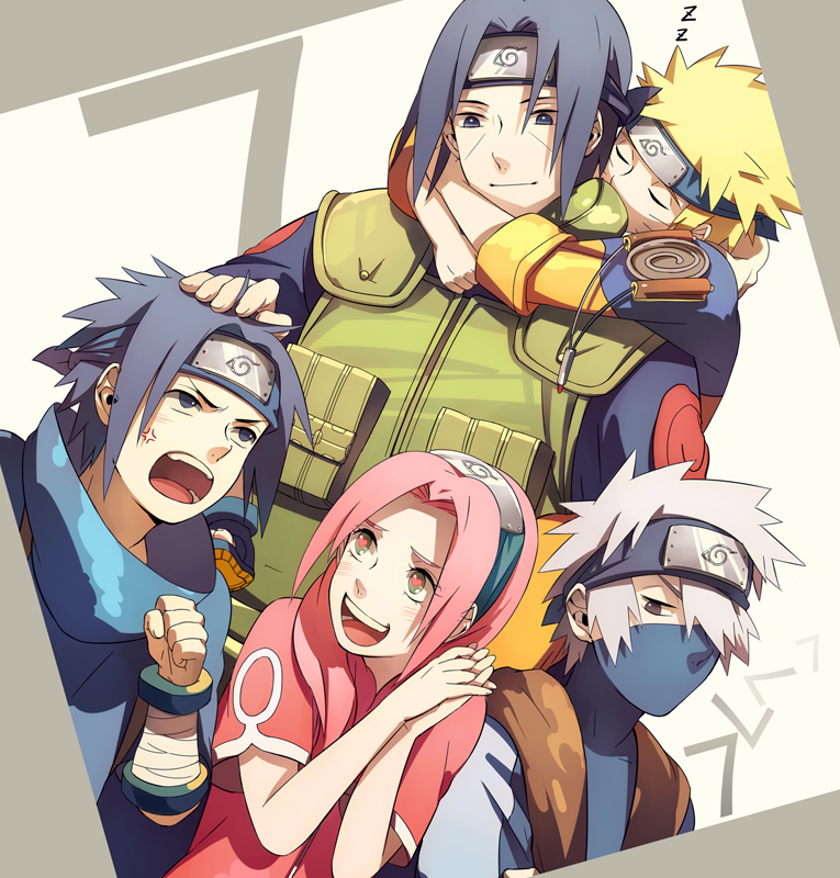 ahoge akatsuki_(naruto) angry bandage bandana black_eyes black_hair blonde_hair blush closed_eyes green_eyes grey_hair group hairband happy haruno_sakura hatake_kakashi heart hug jinchuuriki long_hair mask naruto open_mouth pink_hair short_hair sleeping smile uchiha_itachi uchiha_sasuke uzumaki_naruto