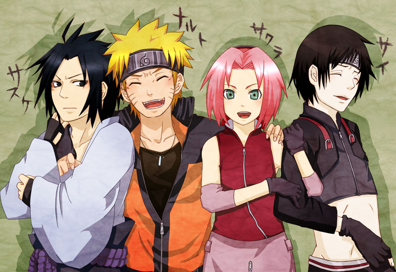 bandana black_eyes black_hair blonde_hair blush closed_eyes gloves green_eyes group happy haruno_sakura jacket japanese_clothes jinchuuriki kimono naruto pink_hair short_hair skirt smile spiky_hair uchiha_sasuke uzumaki_naruto