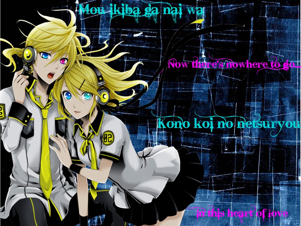 blonde_hair headphones heterochromia kagamine_len kagamine_rin lyrics necktie ponytail skirt uniform vocaloid