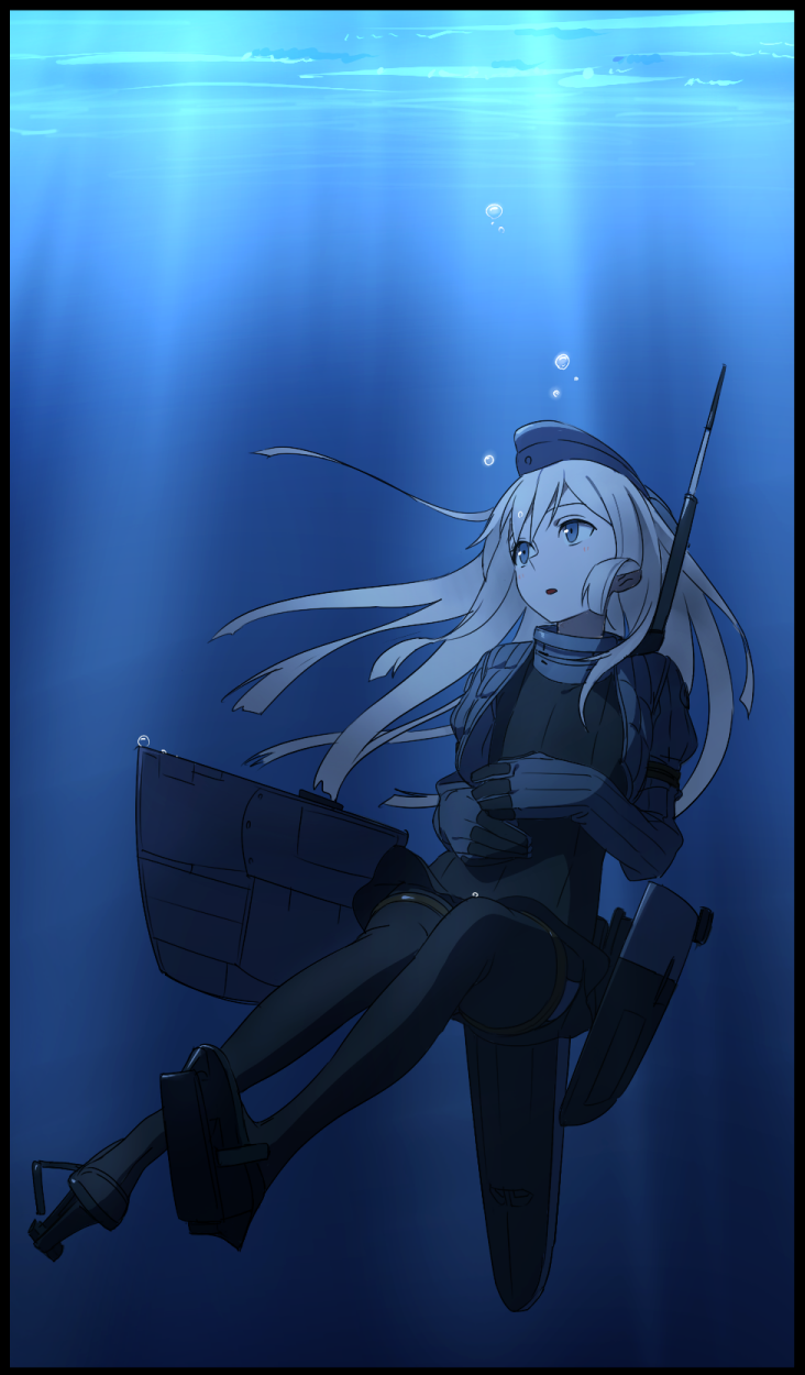 1girl black_dress black_legwear blonde_hair blue_eyes cropped_jacket dress garrison_cap gloves hat highres kantai_collection kinosuke_(sositeimanoga) long_hair machinery military military_hat military_uniform pantyhose puffy_sleeves solo submerged u-511_(kantai_collection) underwater uniform