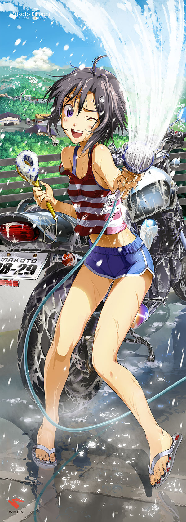 :d ahoge andou_chikanori bare_legs bare_shoulders black_hair blue_eyes blush breasts brush cleavage feet flip-flops gym_shorts hands highres hose idolmaster kikuchi_makoto midriff motor_vehicle motorcycle navel open_mouth purple_eyes sandals scenery short_hair shorts sky smile solo sports_bra spray strap_slip tank_top vehicle violet_eyes water werk wet wink