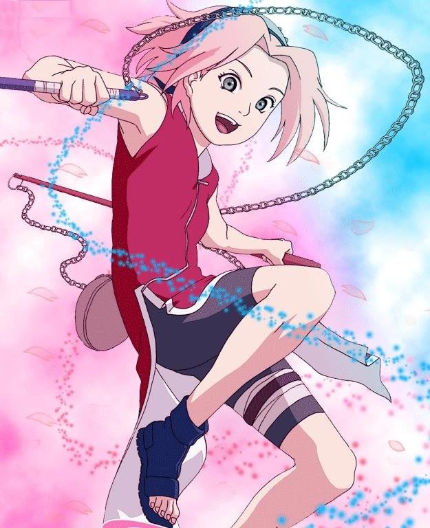 cherry_blossoms flower grey_eyes hairband happy haruno_sakura jump naruto petals pink_hair short_hair solo weapon
