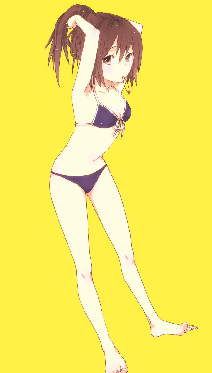 adjusting_hair armpits arms_up barefoot bikini brown_eyes brown_hair feet hair_tie highres looking_at_viewer mouth_hold numa0228 original ponytail solo swimsuit toes wet