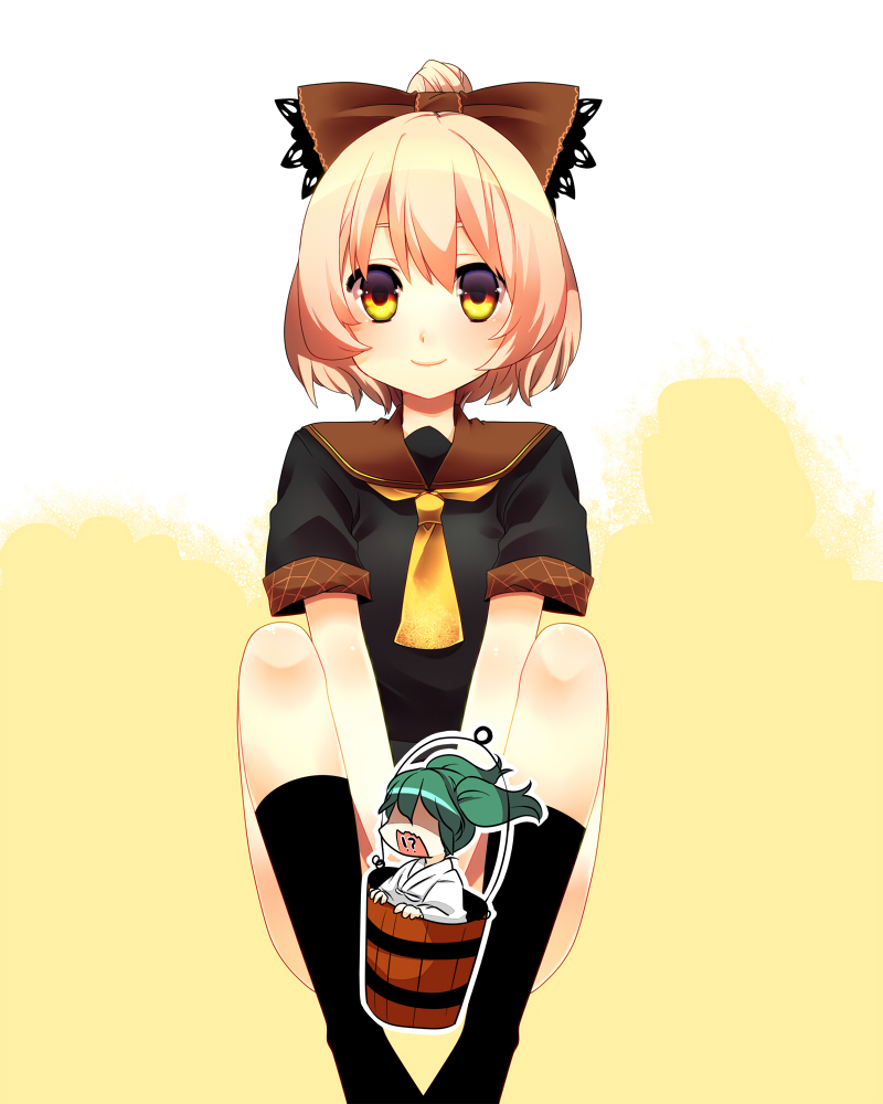 2girls alternate_costume ascot black_legwear blonde_hair blush bottomless bow bucket censored character_censor girl_in_bucket green_hair hair_bow hair_over_eyes in_bucket in_container kisume kurodani_yamame minigirl multiple_girls no_panties novelty_censor open_mouth school_uniform shaded_face short_hair short_twintails sitting smile touhou twintails v_arms yutazou