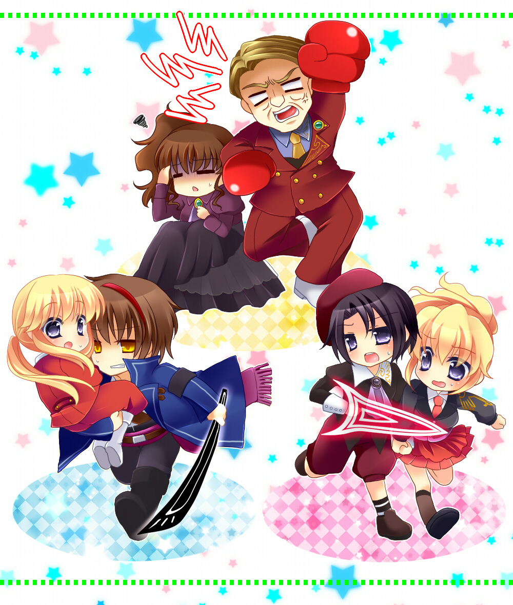 blonde_hair blue_eyes boxing_gloves brown_hair carrying chibi couple formal kanon_(umineko) long_hair running ui1031 umineko_no_naku_koro_ni ushiromiya_jessica ushiromiya_krauss ushiromiya_lion ushiromiya_natsuhi willard_h_wright yellow_eyes