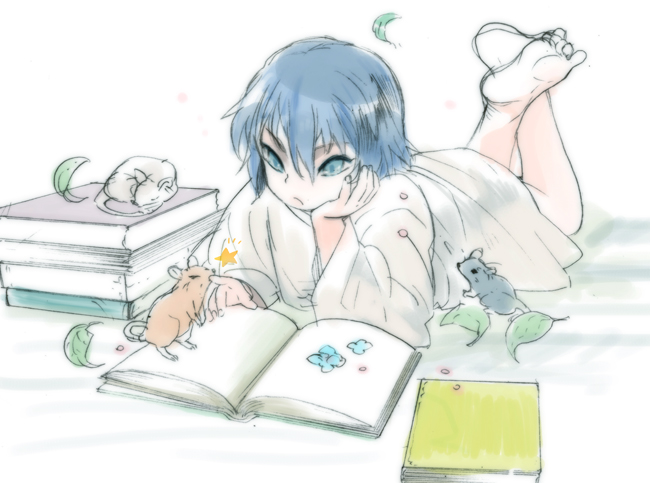 barefoot blue_eyes blue_hair book feet mouse nezumi_(no.6) no.6 short_hair sketch solo young yuriko_(kkk9)