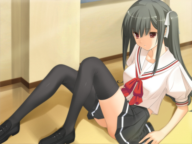 artist_request black_hair fluorite_memories game_cg hair_ribbon kawakami_kasumi long_hair red_eyes ribbon school_uniform sitting skirt thigh-highs thighhighs