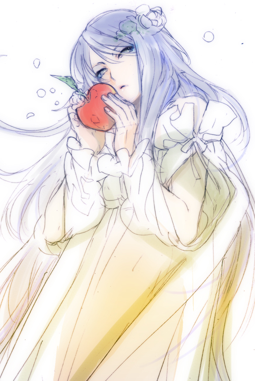 bad_id blue_eyes blue_hair crossdressinging flower food fruit hair_flower hair_ornament holding holding_apple holding_fruit long_hair nezumi_(no.6) no.6 spoilers trap yuriko_(kkk9)