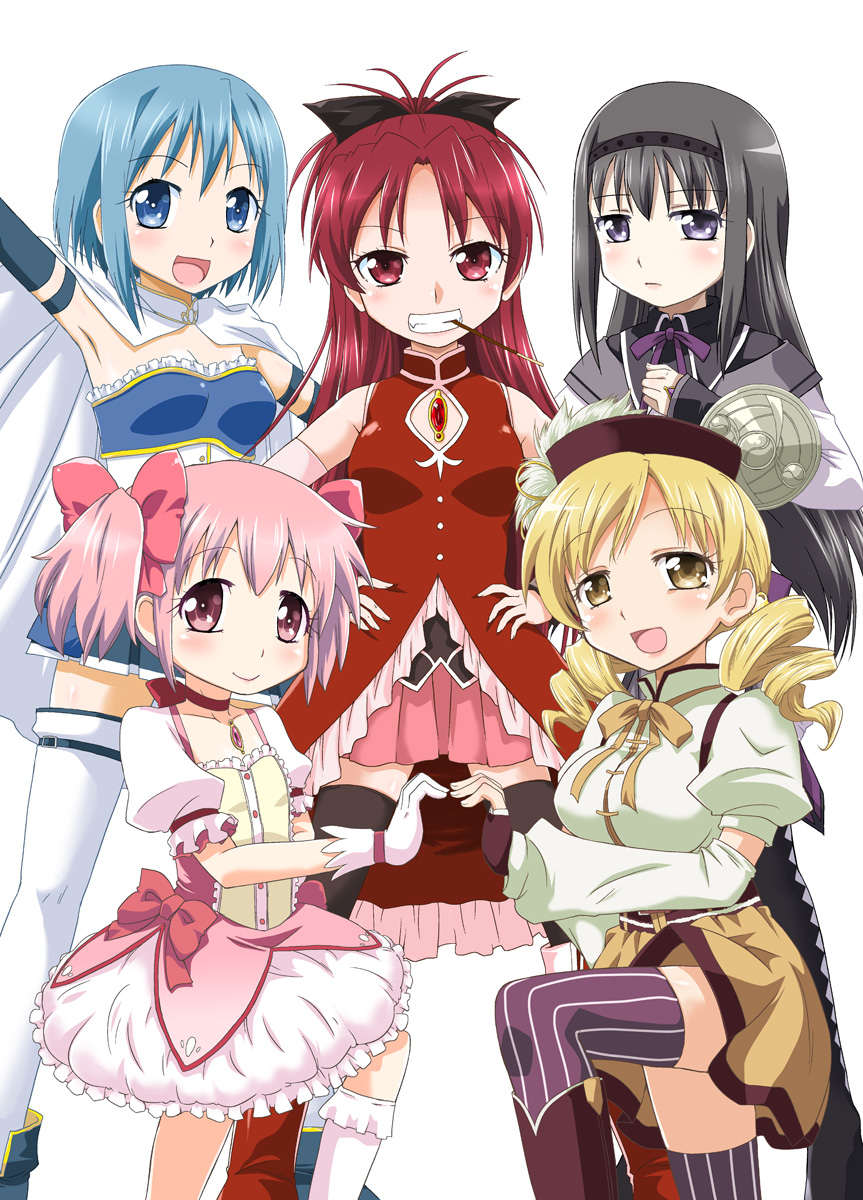 5girls black_hair blonde_hair blue_eyes blue_hair gloves gobera grin hair_ornament hair_ribbon hairband hand_on_hip hat highres hips kaname_madoka long_hair mahou_shoujo_madoka_magica miki_sayaka mouth_hold multiple_girls pantyhose pink_eyes pink_hair pocky ponytail pose red_eyes red_hair sakura_kyouko shield short_hair smile thigh-highs thighhighs tomoe_mami twintails yellow_eyes