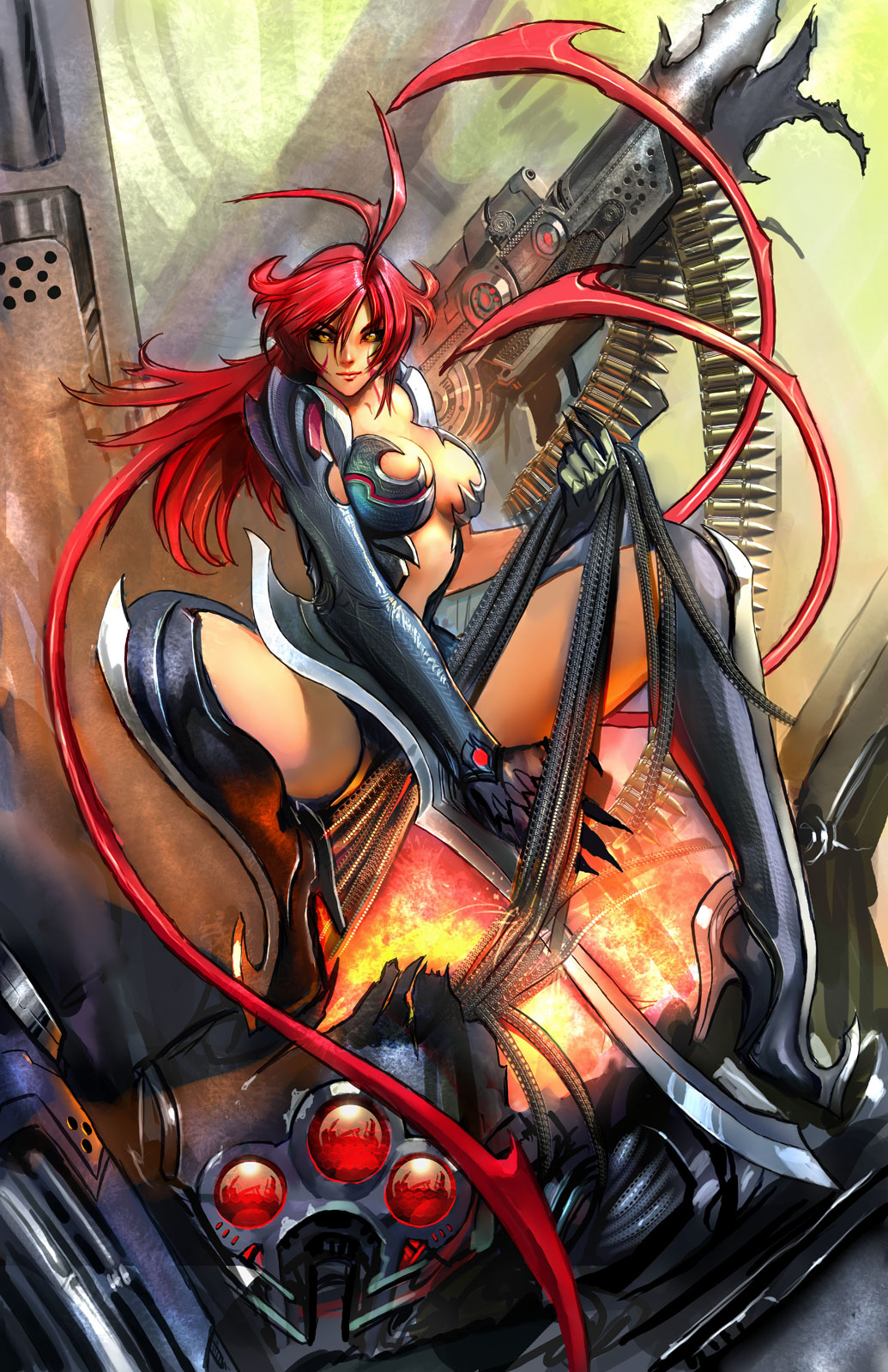armor black_sclera blade boots breasts bullet bullets cable female fire gloves gun high_heels highres long_hair nebezial red_hair redhead shield shoes smile solo stjepan_sejic sword tattoo very_long_hair warrior weapon witchblade yellow_eyes