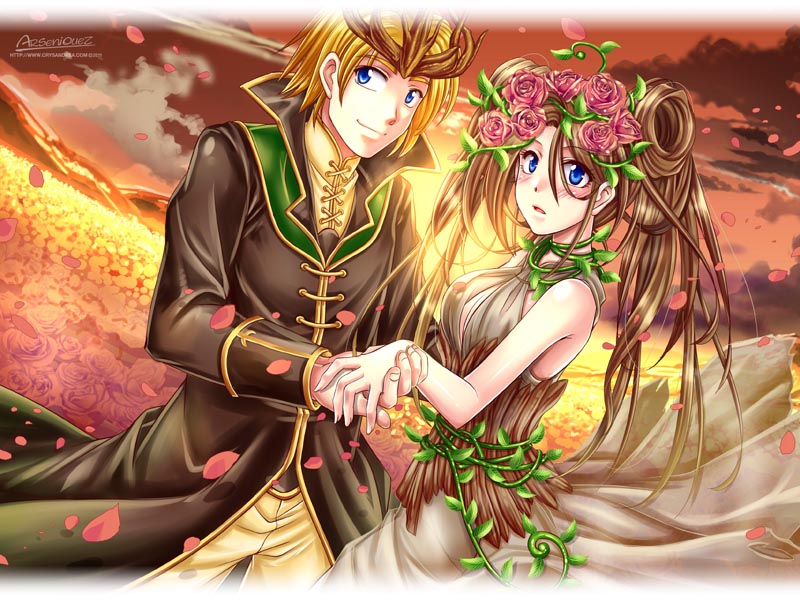 arseniquez blonde_hair blue_eyes blush brown_hair couple dress female flower holding_hands male royalty short_hair sky smile sunset twintails wind