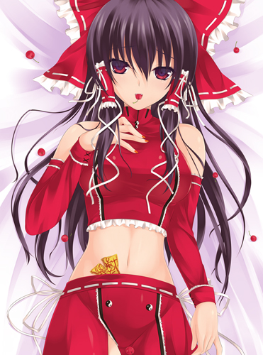 alternate_costume bare_shoulders black_hair bow breasts cherry detached_sleeves food fruit hair_bow hakurei_reimu halter_top halterneck hand_on_chest hand_on_own_chest hand_to_chest iroha_(unyun) long_hair lowres midriff miko mouth_hold nail_polish navel ofuda on_back payot red_eyes ribbon solo taut_shirt touhou