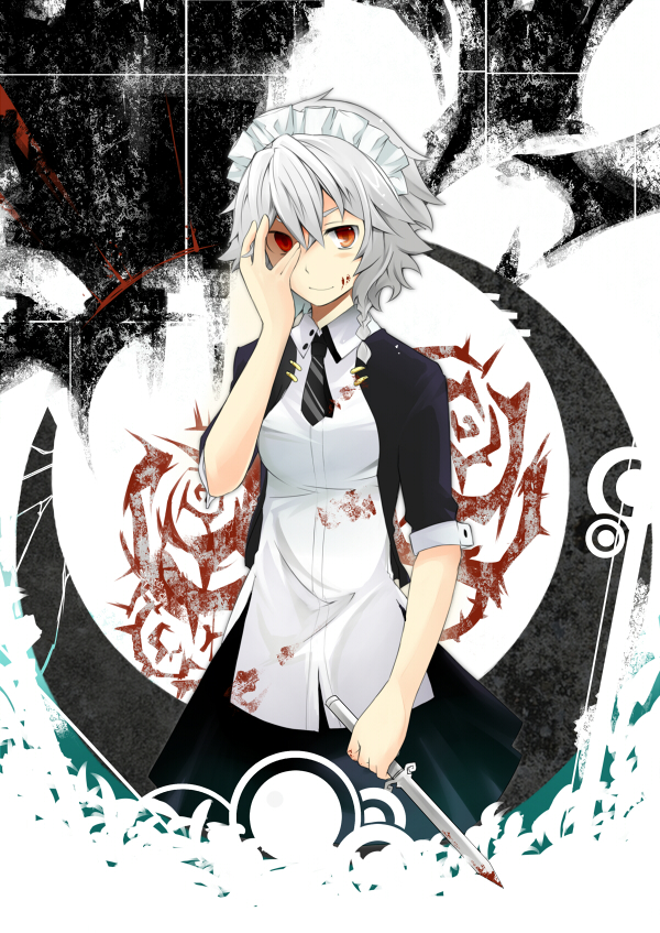 alternate_costume blood gj_(minoru) hand_on_face hand_on_own_face izayoi_sakuya knife maid red_eyes solo throwing_knife touhou weapon white_hair