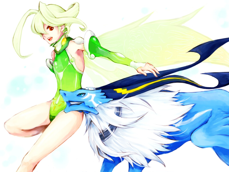 ar_tonelico ar_tonelico_ii choma detached_sleeves fairy_wings frelia green_hair gust open_mouth red_eyes shun_(ar_tonelico) wings