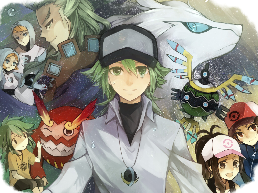 baseball_cap brown_eyes brown_hair darmanitan geechisu_(pokemon) green_eyes green_hair hat haturu-miyabi hood jewelry miyabi_hatsuru n_(pokemon) orange_hair pendant pokemon pokemon_(game) pokemon_black_and_white pokemon_bw ponytail reshiram sigilyph team_plasma tears touko_(pokemon) touya_(pokemon)