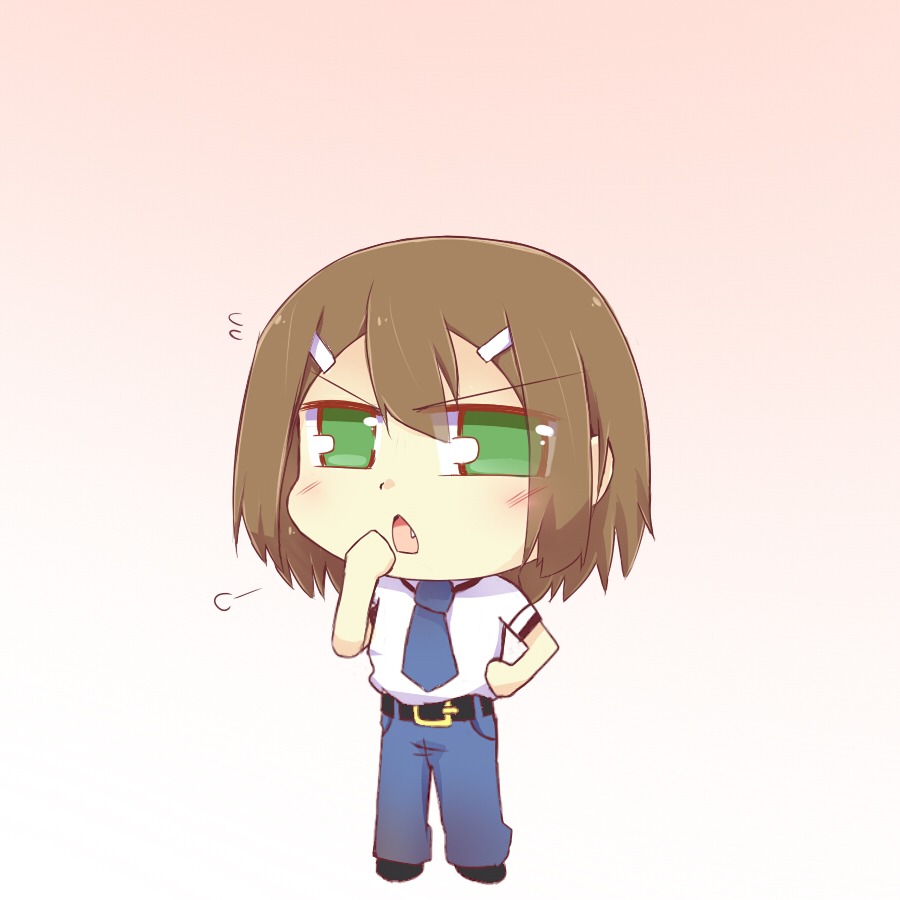 blush brown_hair chibi fang green_eyes hair_ornament hairpin hand_to_mouth hazuki_ruu kinoshita_hideyoshi necktie open_mouth pants school_uniform shirt solo