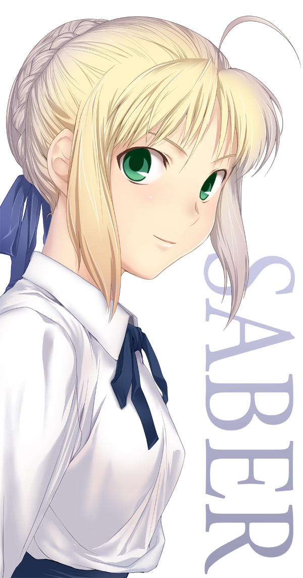 ahoge blonde_hair bust casual face fate/stay_night fate_(series) green_eyes hair_ribbon hair_up nekotawa payot ribbon saber short_hair simple_background smile solo