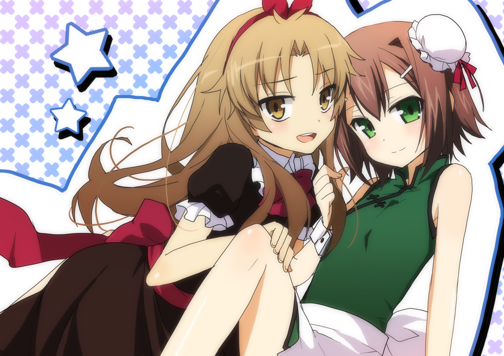 apron baka_to_test_to_shoukanjuu blush bow brown_eyes brown_hair china_dress chinese_clothes crossdressing crossdressinging double_bun dress green_eyes hair_bow hair_bun hair_clip hair_ornament hair_tussle hairclip kinoshita_hideyoshi kurot long_hair looking_back multiple_boys open_mouth short_hair sitting smile star trap wrist_cuffs yoshii_akihisa