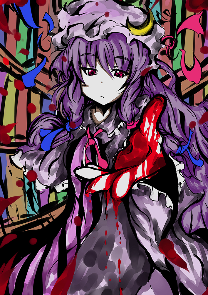 book crescent crescent_moon elking hat moon outstretched_hand patchouli_knowledge purple_hair red_eyes touhou