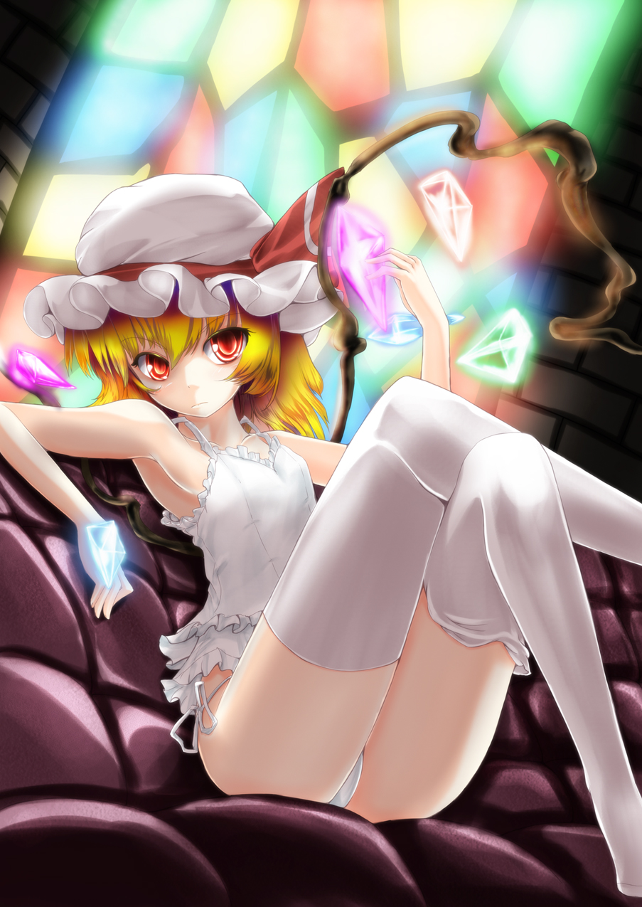 armpits bad_id bare_shoulders blonde_hair camisole chemise collarbone crossed_legs flandre_scarlet hat hat_ribbon highres legs_crossed panties r0g0b0 red_eyes ribbon short_hair side-tie_panties sitting solo stained_glass the_embodiment_of_scarlet_devil thigh-highs thighhighs touhou underwear underwear_only white_legwear white_panties wings