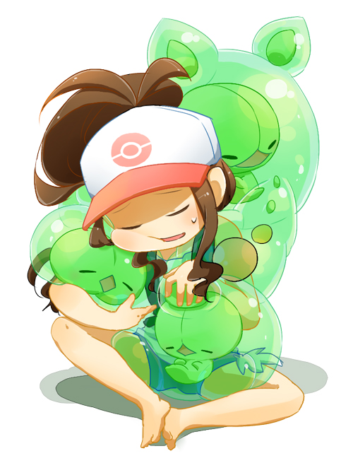 1girl barefoot baseball_cap brown_hair closed_eyes denim denim_shorts duosion hat pokemon pokemon_(creature) pokemon_(game) pokemon_black_and_white pokemon_bw ponytail reuniclus shorts sleeping solosis sweatdrop toko touko_(pokemon)