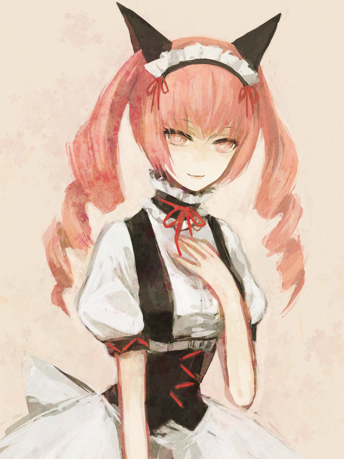 cat_ears drill_hair faris_nyannyan hand_on_own_chest hand_to_chest kuromu_(kaeru) long_hair maid maid_headdress no_nose pink_eyes pink_hair ribbon smile solo steins;gate twintails