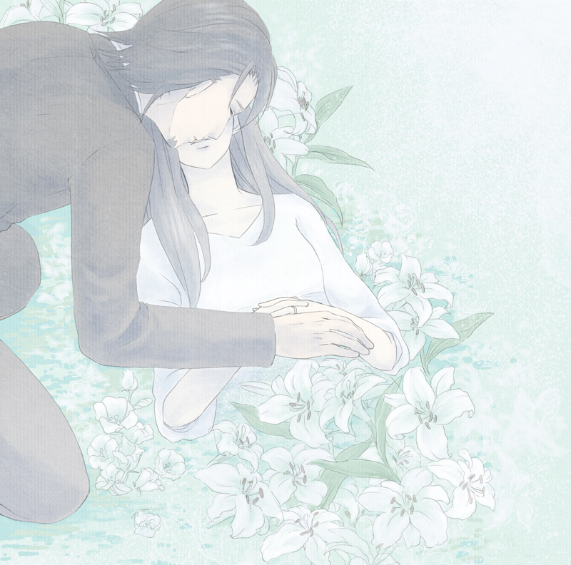 amamiya_tomoe death dress facial_hair flower formal funeral husband_and_wife kaburagi_t_kotetsu kaburagi_tomoe kanamasino kiss lilies lily_(flower) long_hair male short_hair stubble suit tiger_&amp;_bunny