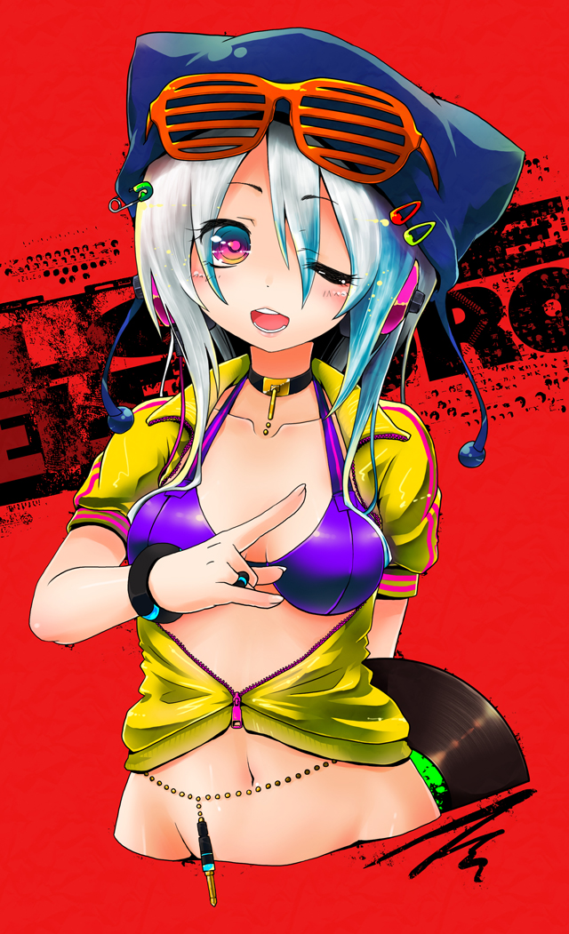 \m/ animal_hat arm_behind_back belly_chain bikini_top blue_eyes blue_hair blush bracelet breasts cat_hat choker cleavage collarbone dj glasses glasses_on_head hair_ornament hairclip hat headphones jack_plug jewelry kuromaru9 lips midriff mound_of_venus multicolored_eyes multicolored_hair navel open_clothes open_jacket orange_eyes original pink_eyes record ring ringed_eyes safety_pin short_hair shutter_shades silver_hair smile solo two-tone_hair wink zipper