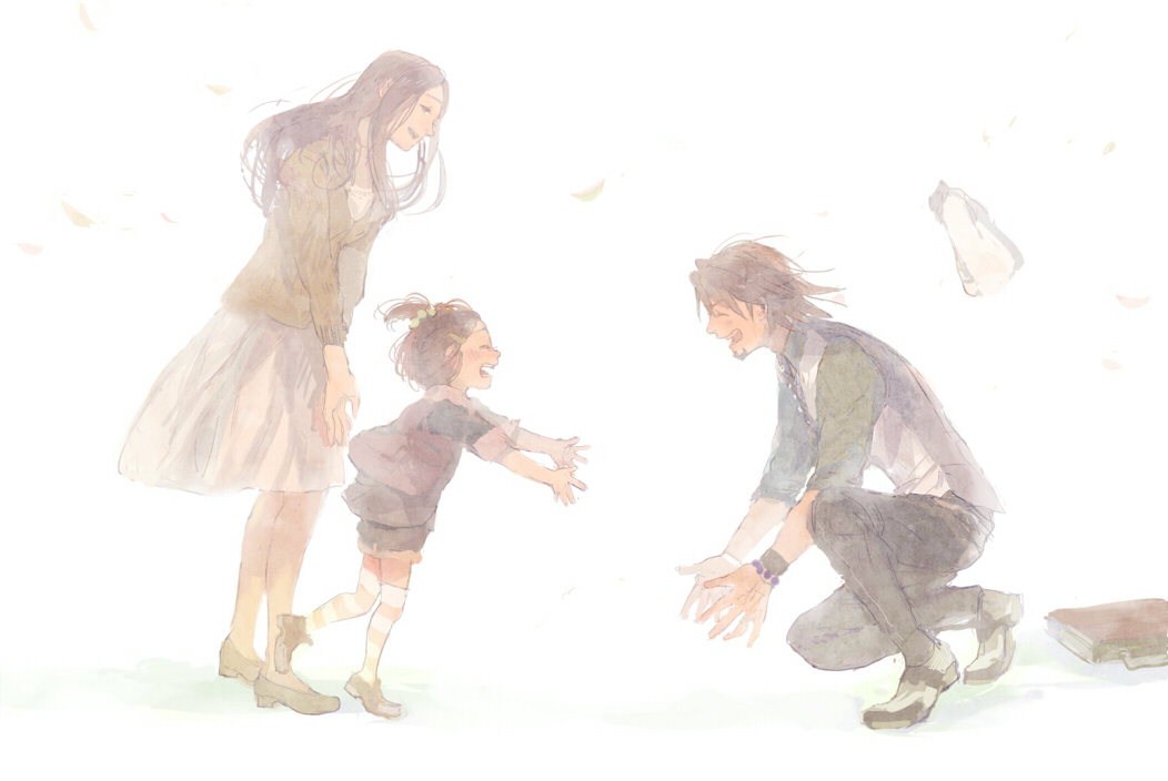 age_difference amamiya_tomoe bad_id brown_hair child closed_eyes couple dress eyes_closed facial_hair family father_and_daughter hair_bobbles hair_ornament kaburagi_kaede kaburagi_t_kotetsu kaburagi_tomoe long_hair male mother_and_daughter pale_color pale_colors pon_(cielo) short_hair short_twintails stubble tiger_&amp;_bunny twintails vest