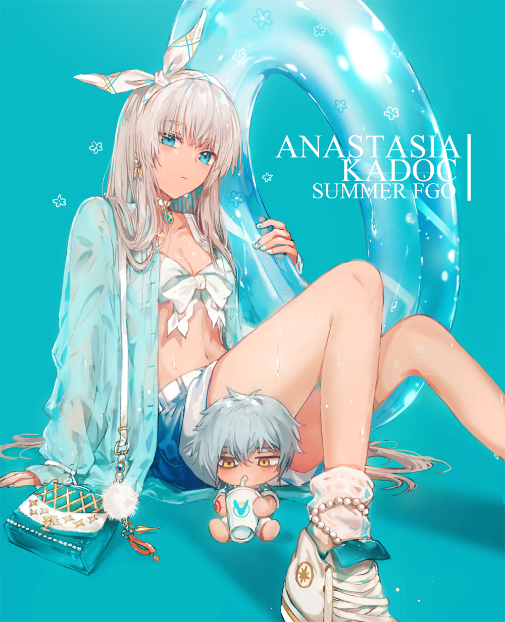 1boy 1girl anastasia_(fate/grand_order) bag bangs bendy_straw blue_background blue_eyes blue_innertube blue_jacket blue_shorts breasts brown_eyes character_name chibi cleavage closed_mouth collarbone commentary_request copyright_name cup dangmill disposable_cup drinking drinking_straw eyebrows_visible_through_hair fate/grand_order fate_(series) front-tie_bikini front-tie_top hair_between_eyes hair_ribbon handbag highres holding holding_cup innertube jacket kadoc_zemlupus long_hair long_sleeves medium_breasts open_clothes open_jacket ribbon see-through short_shorts short_sleeves shorts shoulder_bag silver_hair sitting sleeves_past_wrists socks transparent very_long_hair white_bikini_top white_footwear white_legwear white_ribbon
