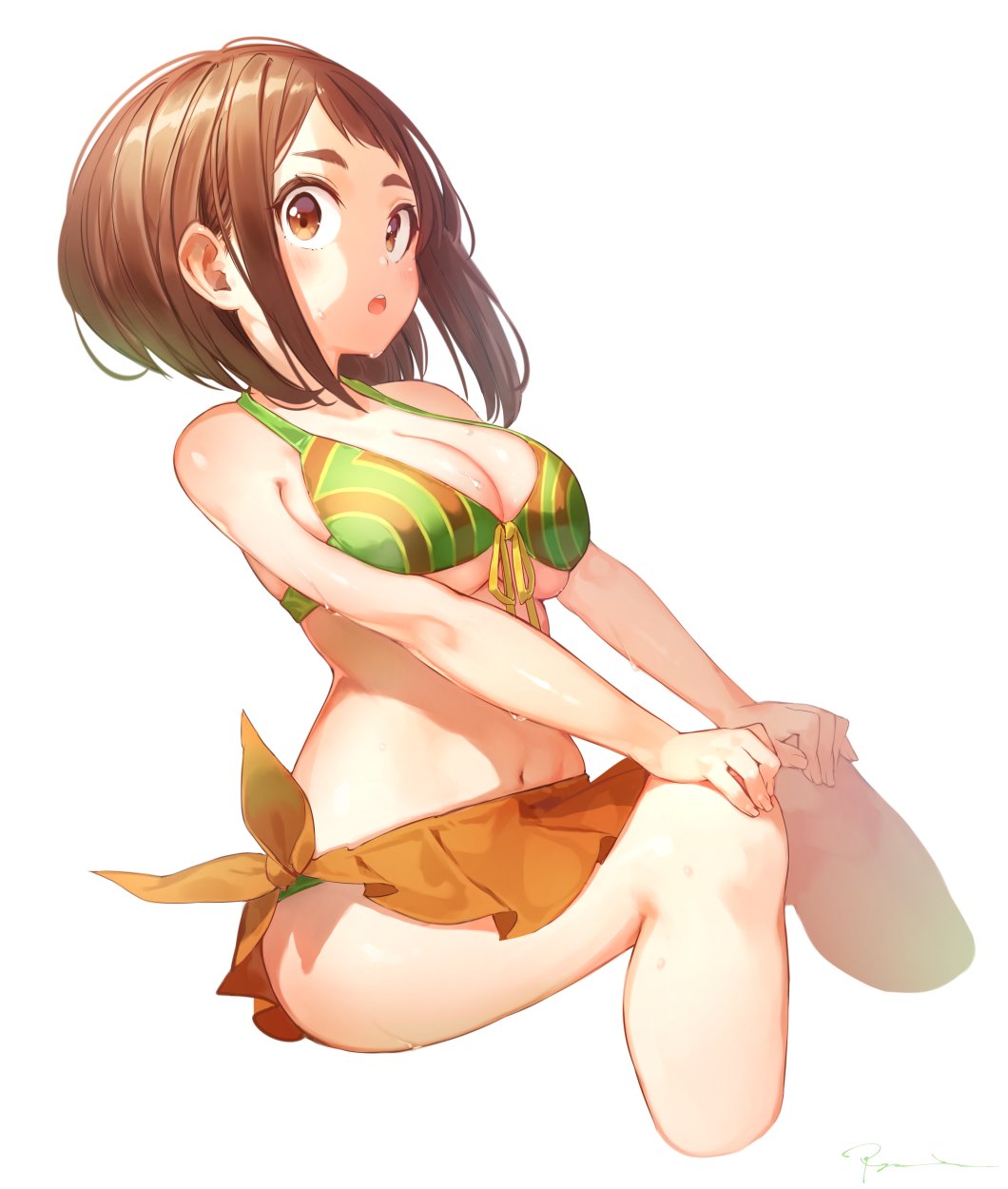 1girl :o bangs bare_arms bare_shoulders bikini blush boku_no_hero_academia breasts brown_bikini brown_eyes brown_hair cleavage collarbone cropped_legs fingernails front-tie_bikini front-tie_top green_bikini hands_on_own_knees highres large_breasts looking_at_viewer medium_hair multicolored multicolored_bikini multicolored_clothes navel open_mouth ribbon ryota_(ry_o_ta) sarong shade shiny shiny_hair shiny_skin sidelocks sideways_glance signature simple_background sitting solo stomach sweat swept_bangs swimsuit upper_teeth uraraka_ochako white_background yellow_ribbon