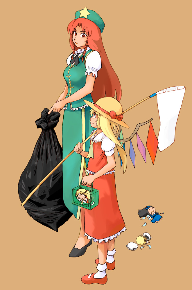 against_glass alternate_eye_color ascot bag black_hair blonde_hair bow braid bug_net dress drooling face_down flandre_scarlet frills hair_bow hat hat_removed headwear_removed holding hong_meiling long_hair luna_child mary_janes minigirl multiple_girls o_o red_eyes red_hair redhead shamucchi shoes short_hair side side_ponytail simple_background smile star star_sapphire sun_hat sunny_milk touhou trapped twin_braids twintails wings