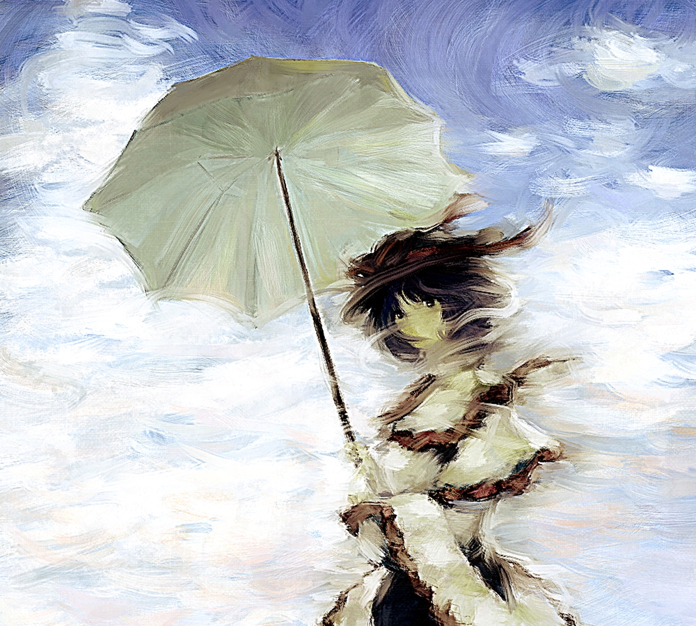 cloud faux_traditional_media ikkaku nagae_iku parasol short_hair sky solo speed_painting touhou umbrella wind