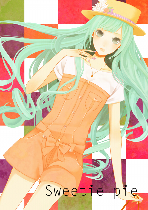 bow checkered checkered_background coma_(fginiy) green_eyes green_hair hat hatsune_miku jewelry long_hair nail_polish necklace porkpie_hat ring solo star very_long_hair vocaloid