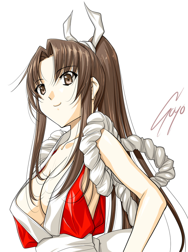 breasts brown_eyes brown_hair cleavage king_of_fighters long_hair ponytail shiranui_mai signature simple_background smile soyosoyo