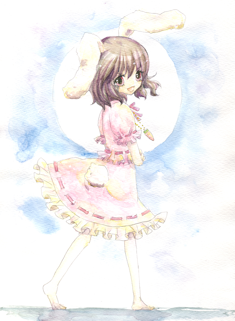 brown_hair bunny_ears inaba_tewi kakeri legs rabbit_ears short_hair solo touhou traditional_media walking watercolor_(medium)